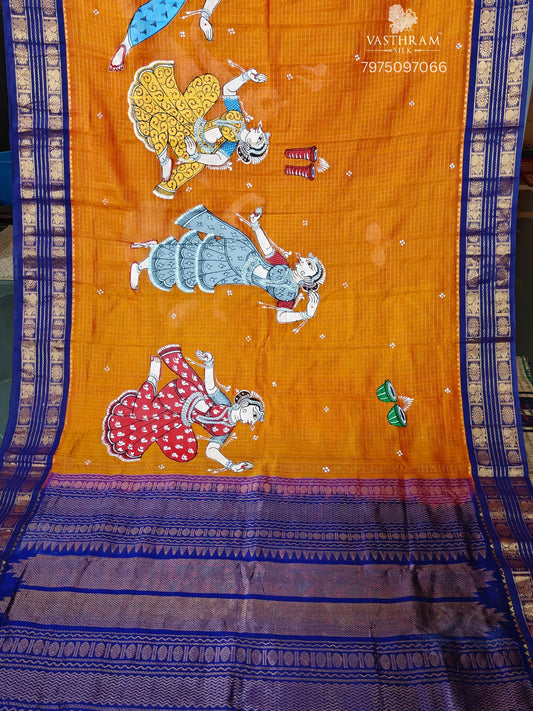 Orange Colour Silk Cotton Saree With Zari Checks & Pattachitra Hand Painting All Over Code : SC027