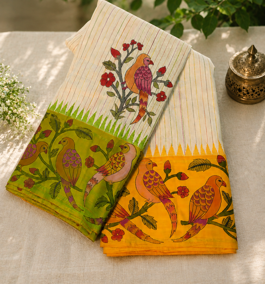 Cream Colour Linen Kanchivaram Silk Saree With Thread Woven Stripes Body Code : KA0370