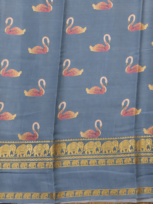 Greyish blue colour mysore crepe silk saree with digital print all over