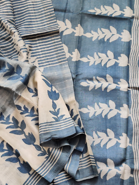 Cream & Grey Colour Tussar Silk Saree With Block Print All Over Code : KA007