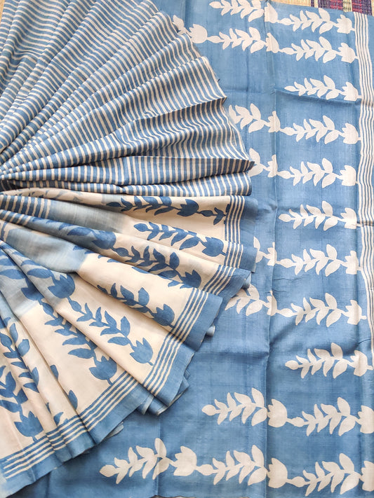Cream & Grey Colour Tussar Silk Saree With Block Print All Over Code : KA007