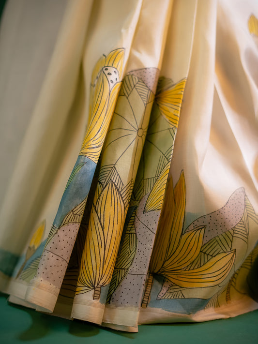 White Colour Kanchivaram Silk With Hand Paint Work