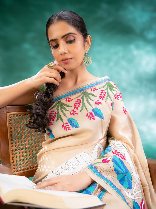 Cream Colour Tussar Silk Saree With kanta work