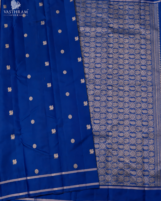 Dual Tone Blue Colour Kanchivaram Silk Saree Peacock & Rudraksham Zari Butta All ver