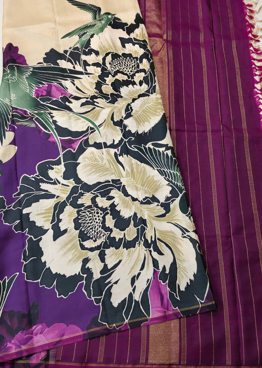 Cream Colour Borderless Kanchivaram Silk Saree With Digital Print All Over Code : KA0386