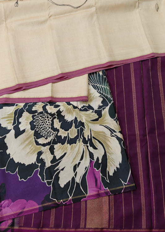 Cream Colour Borderless Kanchivaram Silk Saree With Digital Print All Over Code : KA0386