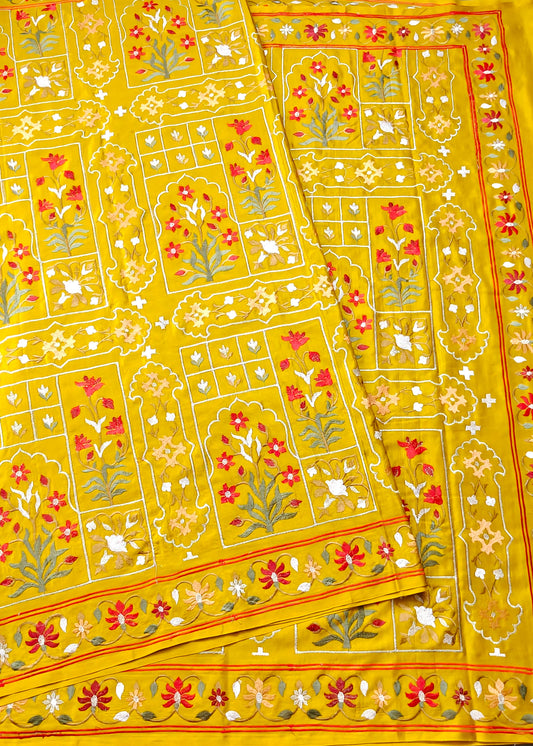 Yellow Colour Banarasi Mashru Silk Saree With Embroidery All Over Code : VB0455
