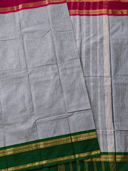 Grey Colour Cotton Saree With Zari Stripes All Over Code : PC012