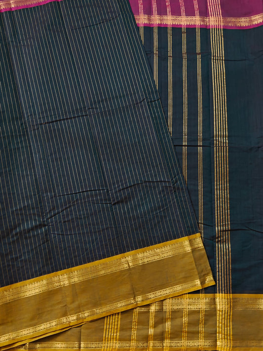 Bottle Green Colour Cotton Saree With Zari Stripes All Over Code : PC014