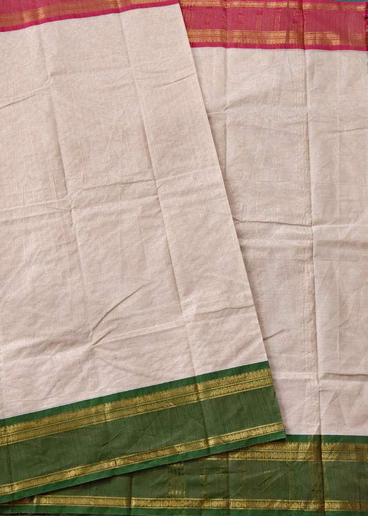 Cream Colour Cotton Saree With Zari Strips All Over Code : PC008