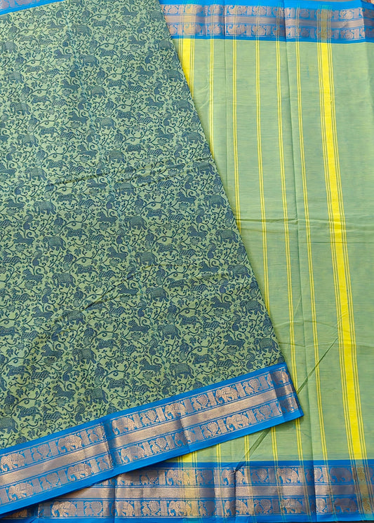 Light Green Colour Cotton Saree With Vanasingaram Thread Woven Motif All Over Code : PC019
