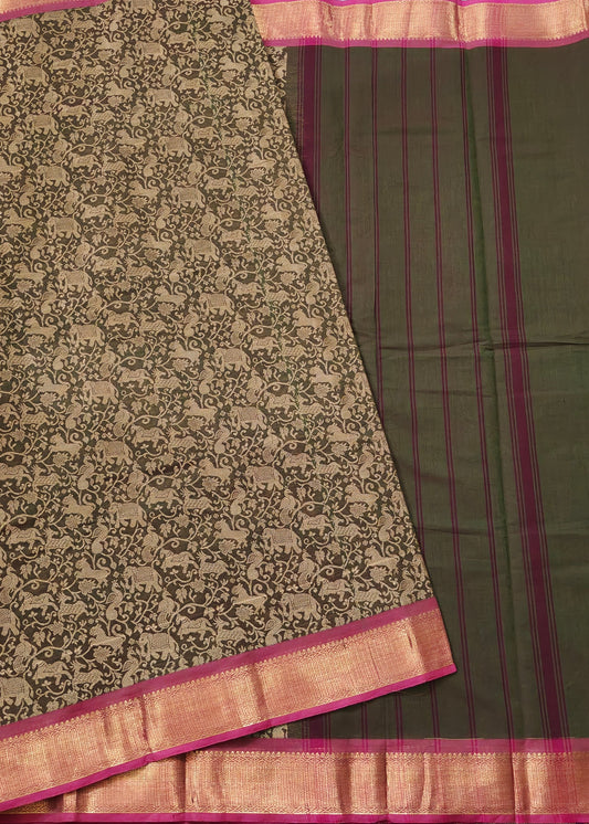 Mehandi Green Colour Cotton Saree With Vanasingaram Thred Woven Motif All Over Code : PC016
