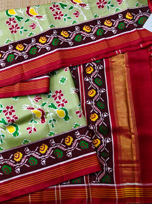 Pista Green Colour Double Ikkat Patn Patola Saree With Ikkat Weaving All Over Code : IK032