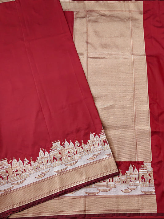 Maroon Colour Semi Katan Banarasi Saree With Plain Body Code : VB0468