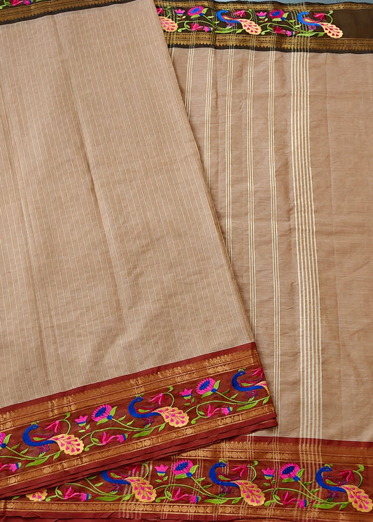 Tussar Colour Cotton Saree With Zari Stripes All Over Code : PC011