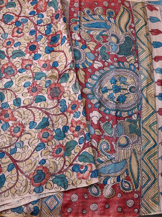 Cream Colour Tussar Silk Saree With Pen Kalamkari All Over : VB0491