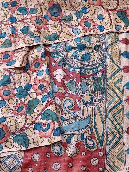 Cream Colour Tussar Silk Saree With Pen Kalamkari All Over : VB0491