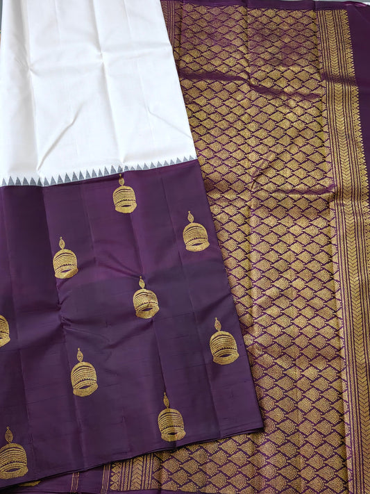 White Colour Half/Half Kanchivaram Silk Saree With Plain Body Code : KA0444