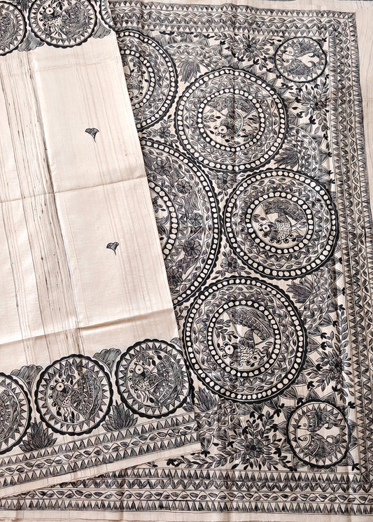 Off White Colour Tussar Silk Saree With Hand Paint Madhubani Butta All Over : VB0516