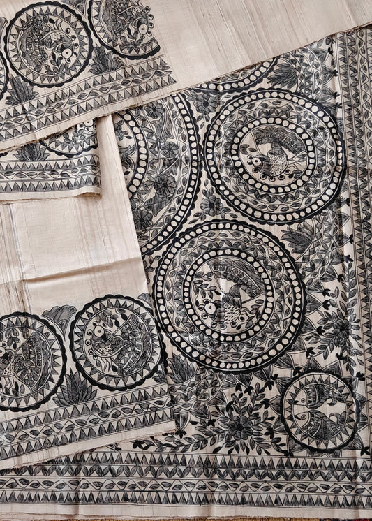 Off White Colour Tussar Silk Saree With Hand Paint Madhubani Butta All Over : VB0516