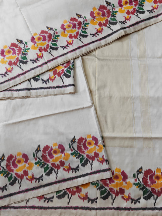 Off White Colour Ikkat Silk Saree With Plain Body Code : IK0340