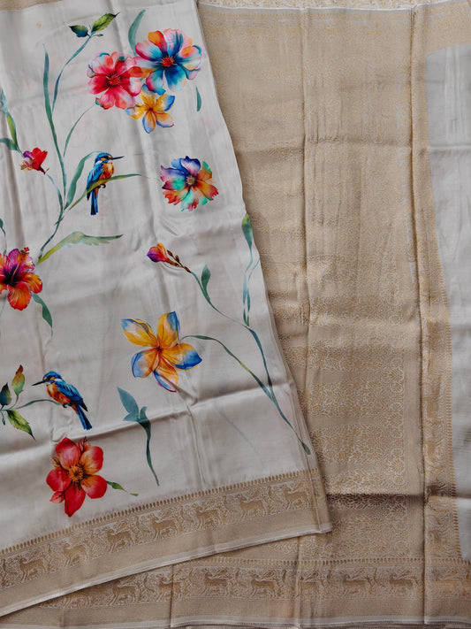 Light Grey Colour Dola Silk Saree with Digital Print All Over Code : VB0534