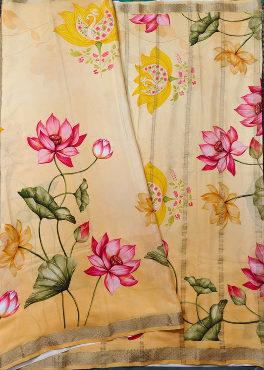 Yellow Colour Mysore Crepe With Digital Print All Over Code : MC017