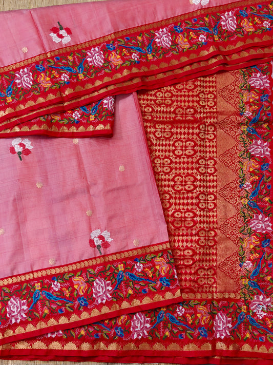 Pink Colour Kanchivaram Silk Saree With Zari & Cross Stitch All Over