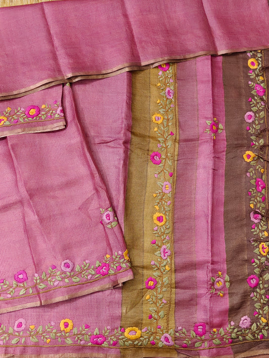 Onion Pink Colour Tussar Silk Saree With Embroidery All Over