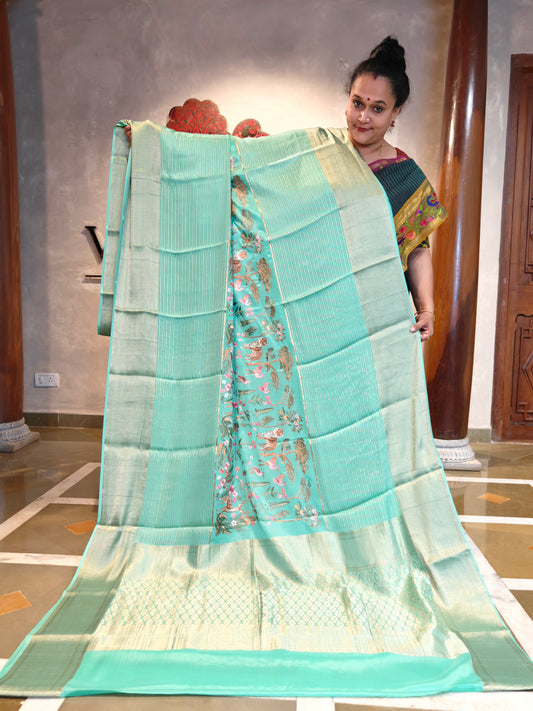 Teal Green Colour Mysore Crepe Saree With Embroidery All Over