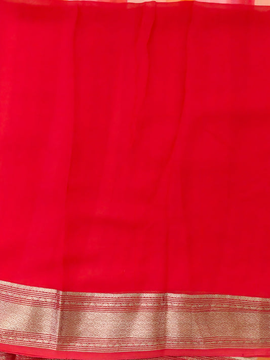Red colour georgette saree with zari stripes all over