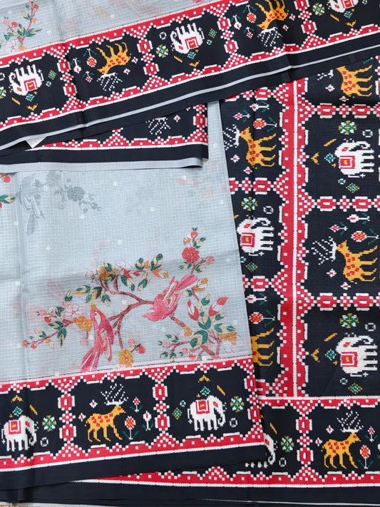 Grey colour semi kota saree with digital print all over