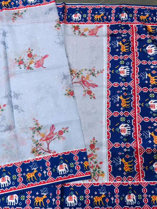 Light Sea Blue Colour Semi Kota Saree With Digital Print All Over