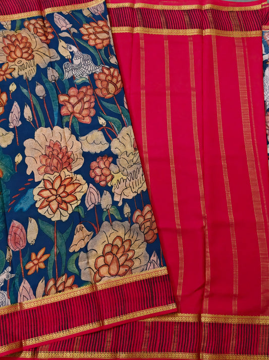 Peacock Blue Colour Mysore Crepe Silk Saree With Floral Digital Print All Over