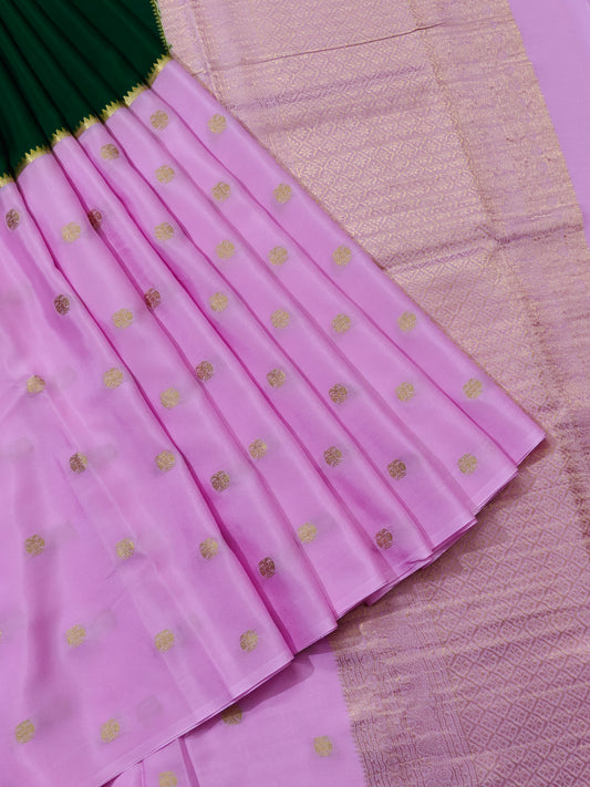 Half And Half Pink And Dark Green Colour Mysore Crepe With Zari Butta All Over
