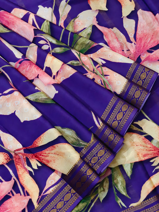 Purple Colour Mysore Crepe Silk Saree With Floral Digital Print All Over