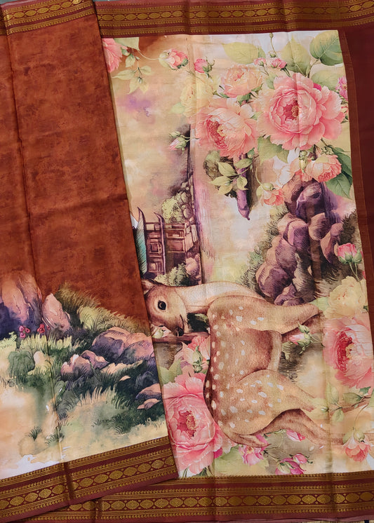 Brown Colour Mysore Crepe Silk Saree With Floral Digital Print All Over