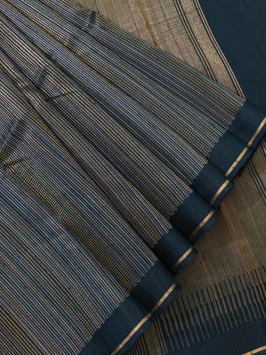 Black Colour Raw Silk With Zari Stripes All Over