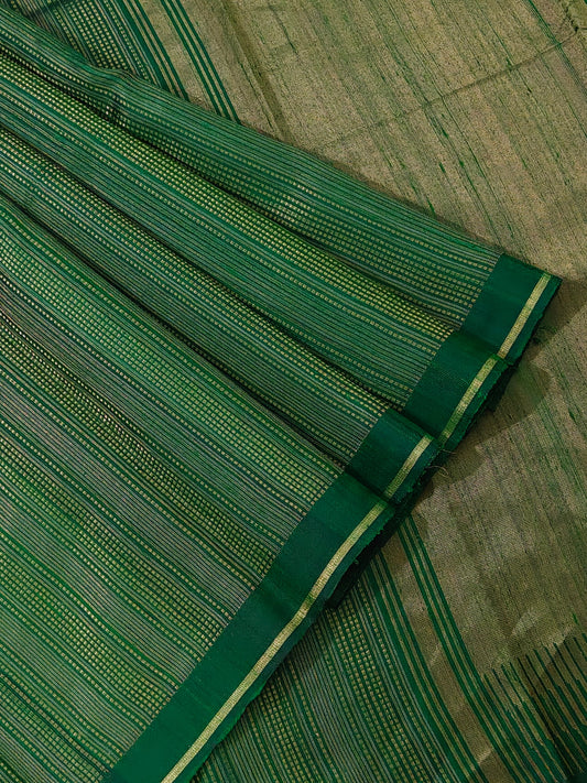 Dark Green Colour Raw Silk With Zari Stripes All Over
