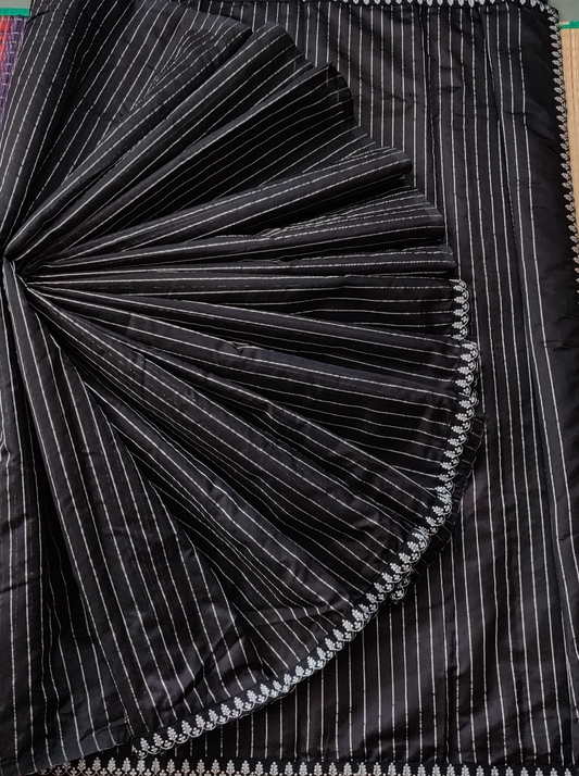 Black Colour Chanderi Silk With Zari Strips