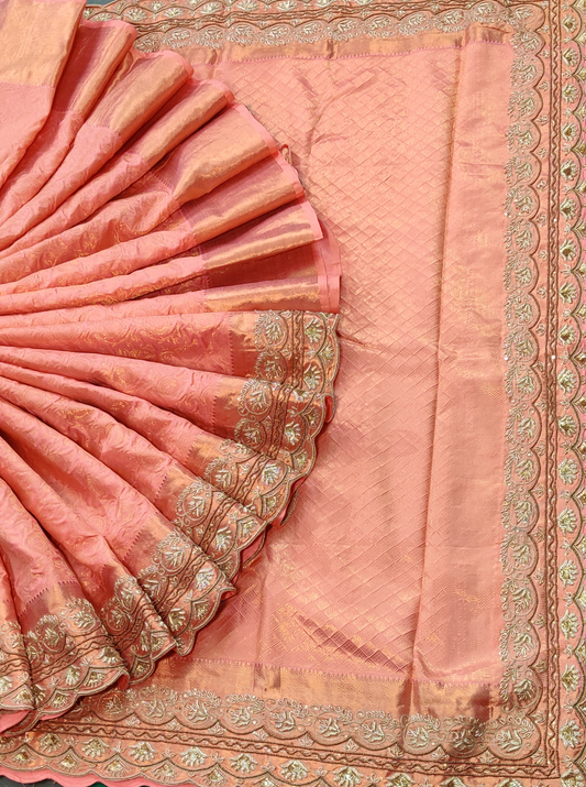 Peach Colour Kanchivaram Silk Saree With Zari Motif All Over