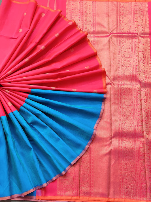 Pink & Blue Colour Kanchivaram Silk Saree With Zari Motif All Over