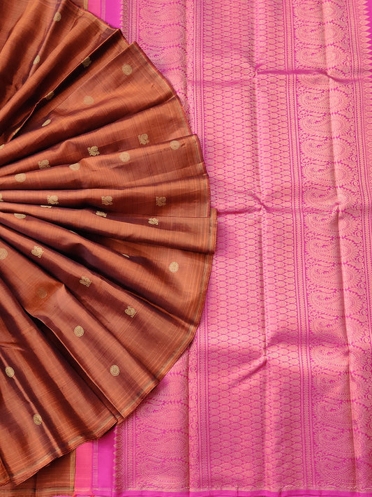 Dark Honey Colour Kanchivaram Silk Saree With Zari Butta All Over