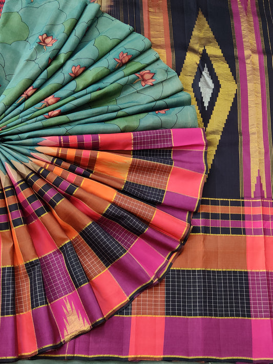 Green Colour Kanchivaram Silk Saree With Hand Pen Kalamkari All Over