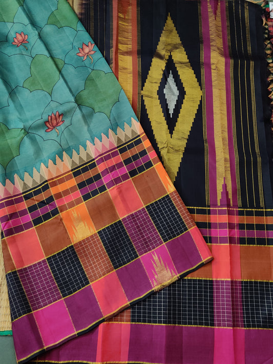 Green Colour Kanchivaram Silk Saree With Hand Pen Kalamkari All Over