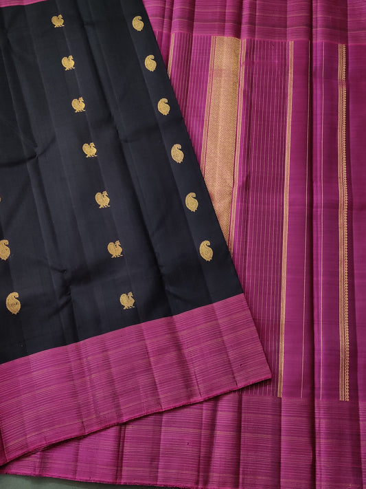 Black Colour Kanchivaram Silk Saree With Zari Motif