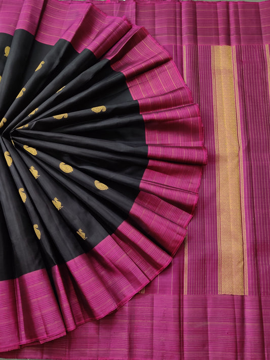 Black Colour Kanchivaram Silk Saree With Zari Motif