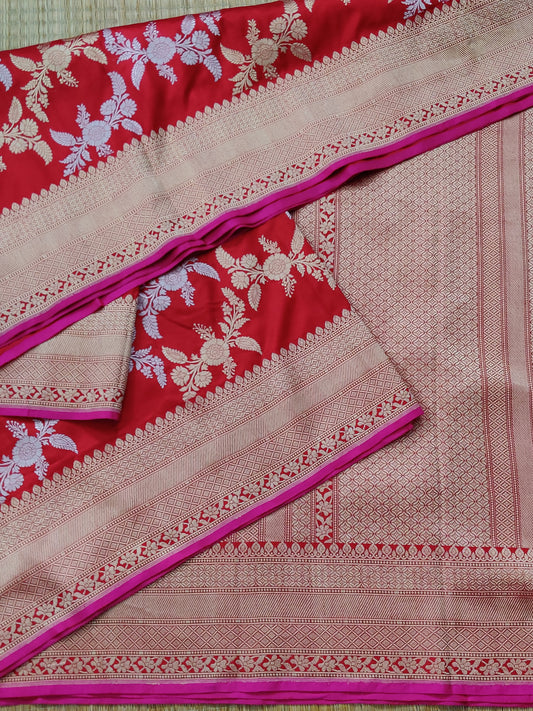 Red Colour Banarasi Saree With Zari Motif Code : VB0117