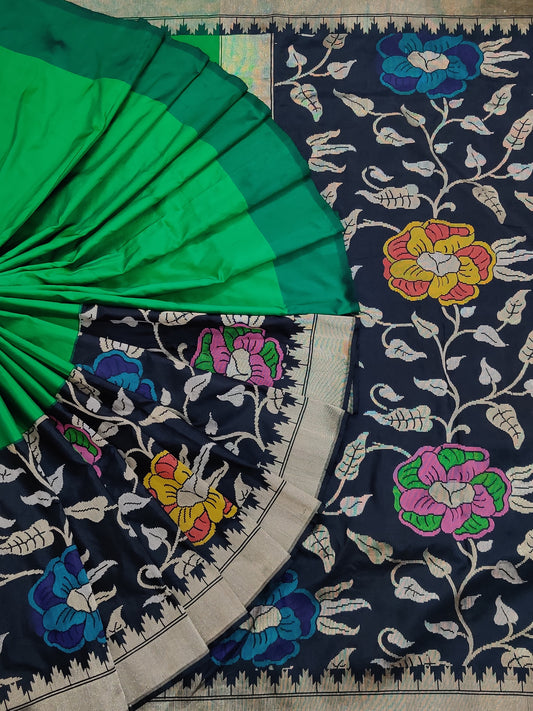 Green Colour Banarasi Saree With Plain Body