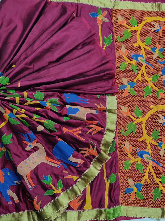 Maroon Colour Kanchivaram Silk Saree With Applique Work